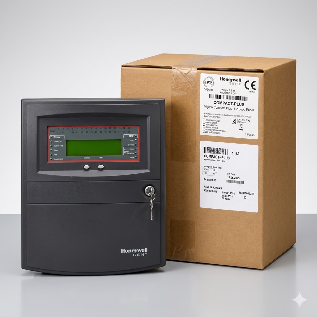 Honeywell Gent control panel with green LCD screen beside a large brown shipping box.