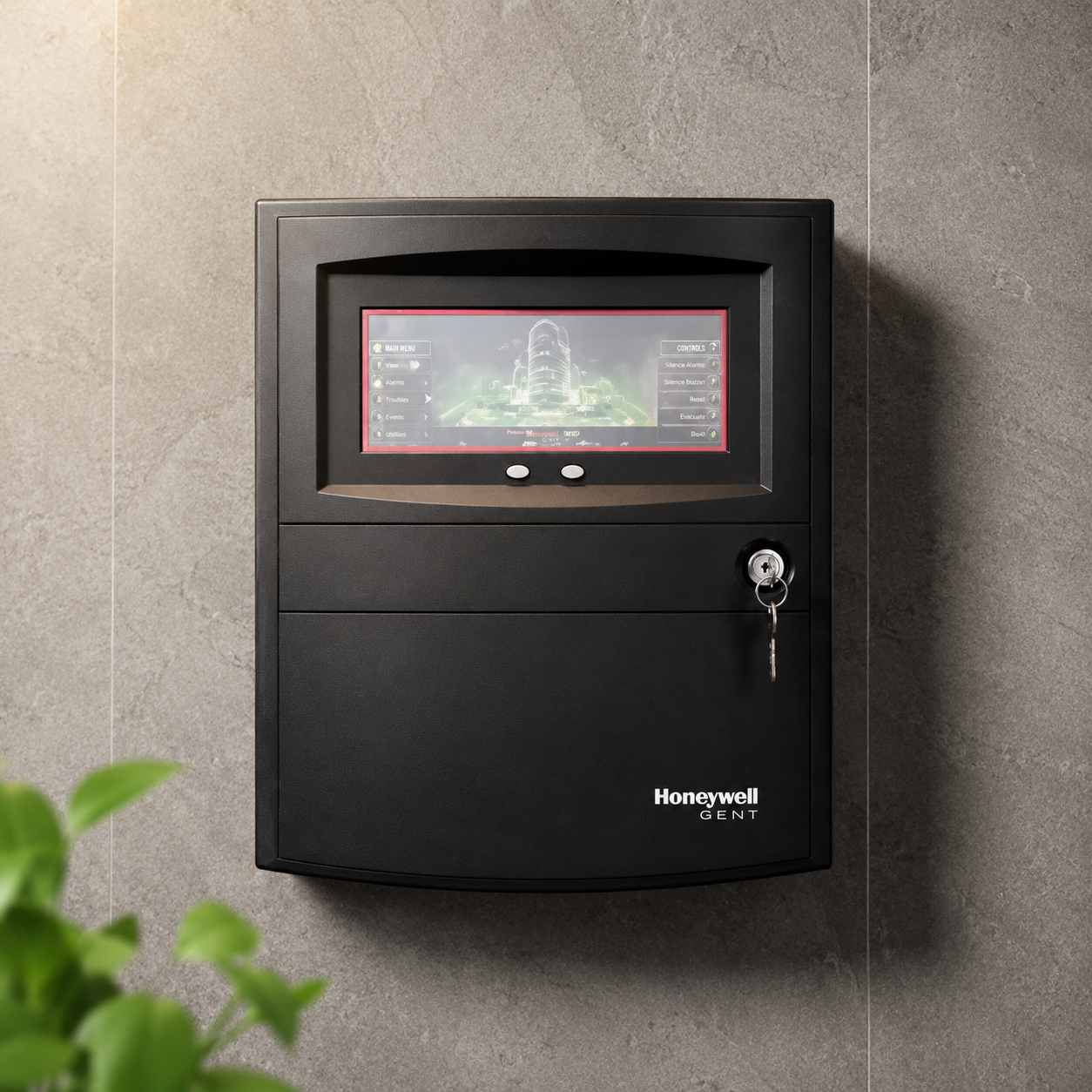 Wall-mounted black security panel with a small touchscreen display and a key in the lock; Honeywell Gent branding at the bottom.