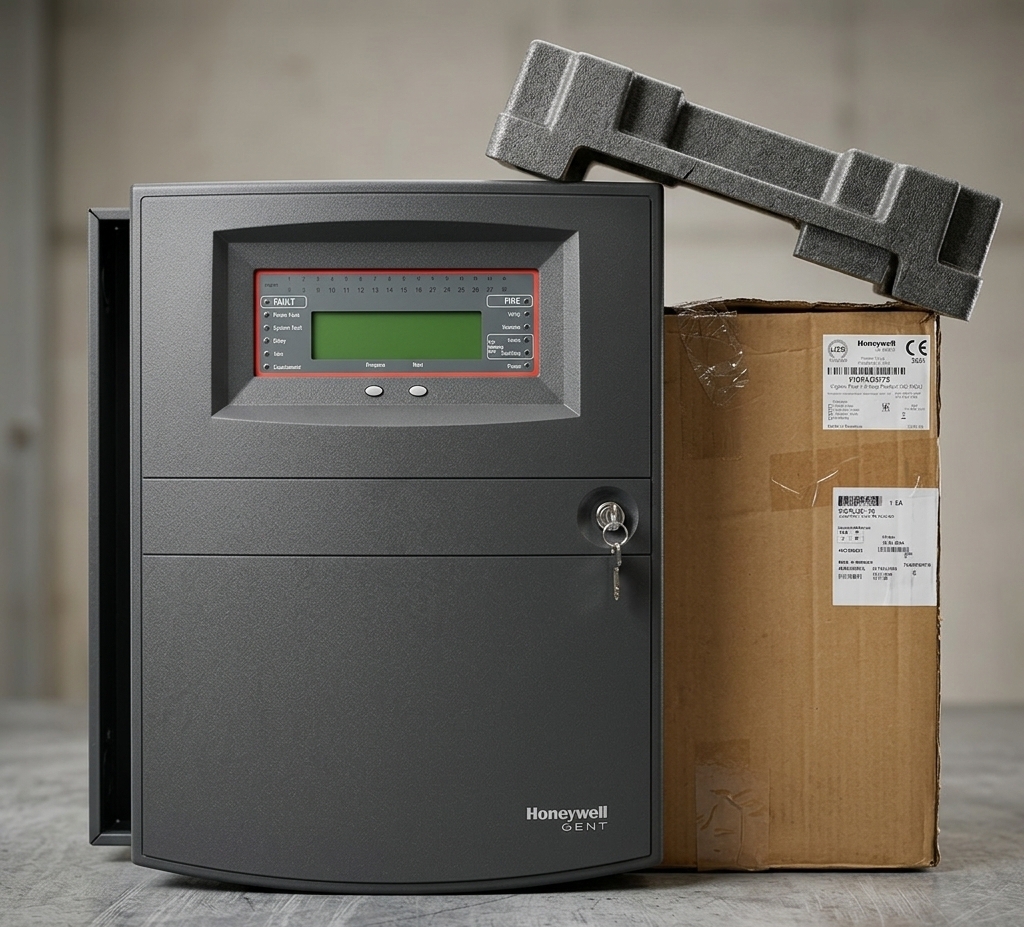 Industrial safe with a control panel and key lock, placed beside a cardboard shipping box with foam packaging on top