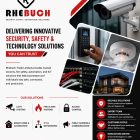 Promotional poster for Rhebuch Security showing logo, CCTV camera, keypad access, smoke detector, and a collage of building images with contact info.