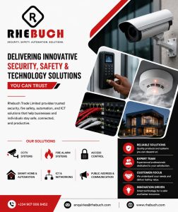 Promotional poster for Rhebuch Security showing logo, CCTV camera, keypad access, smoke detector, and a collage of building images with contact info.