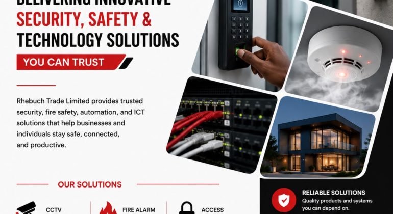 Promotional poster for Rhebuch Security showing logo, CCTV camera, keypad access, smoke detector, and a collage of building images with contact info.