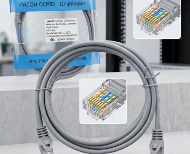 Gray Ethernet patch cords (RJ-45) coiled on a concrete surface, packaging labeled 'PATCH CORD Unshielded' with inset diagrams showing the connector's internal pins and wiring, and a server rack in the background.