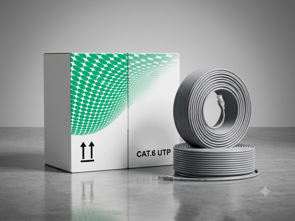 White box with green dotted pattern and 'CAT.6 UTP' text beside a neatly coiled gray Ethernet cable on a gray surface.