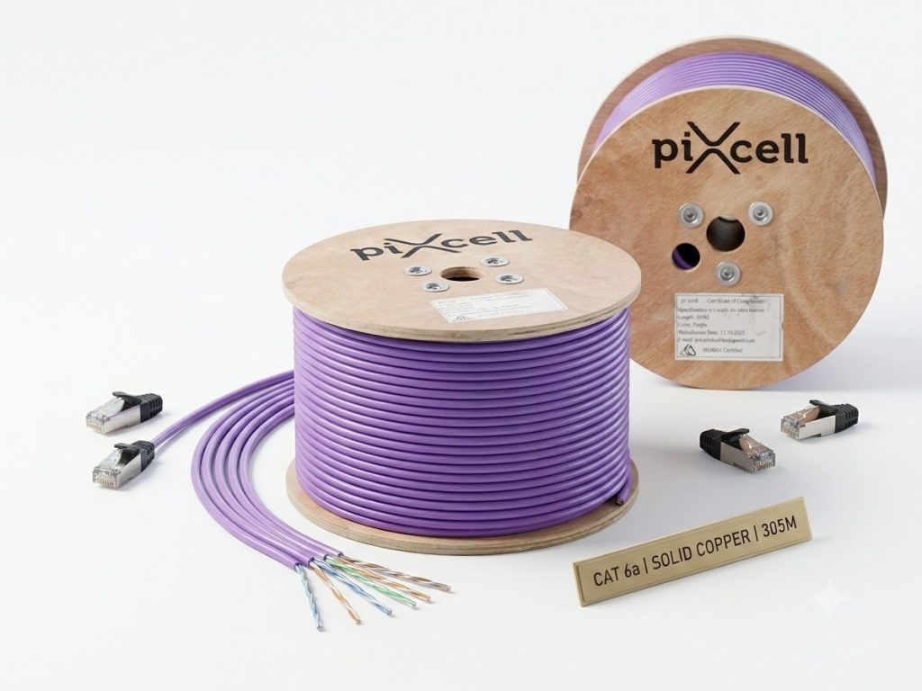 Purple CAT6a ethernet cable coiled on a wooden spool with RJ45 connectors nearby