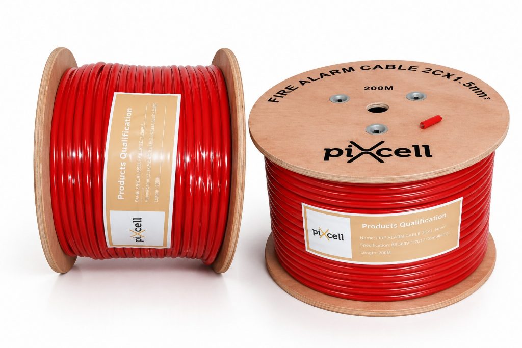 Two large wooden spools holding bright red fire alarm cable, labeled with Pixell branding and product qualifications.