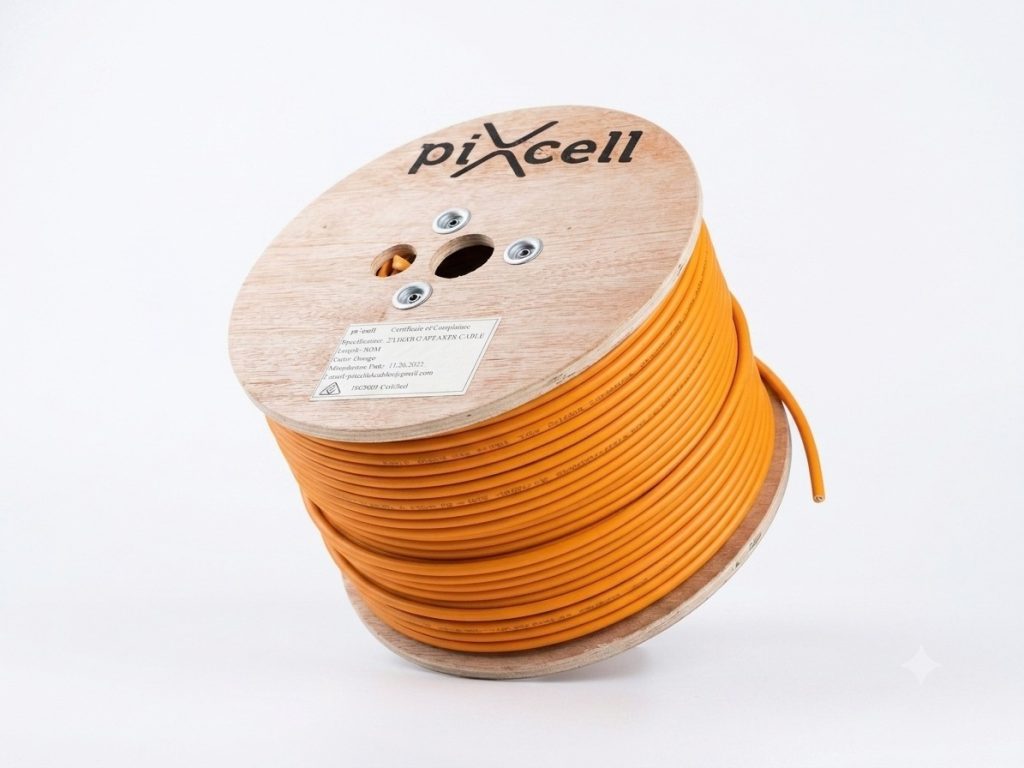 Orange electrical cable wound on a wooden spool, logo visible on top, against a white background.