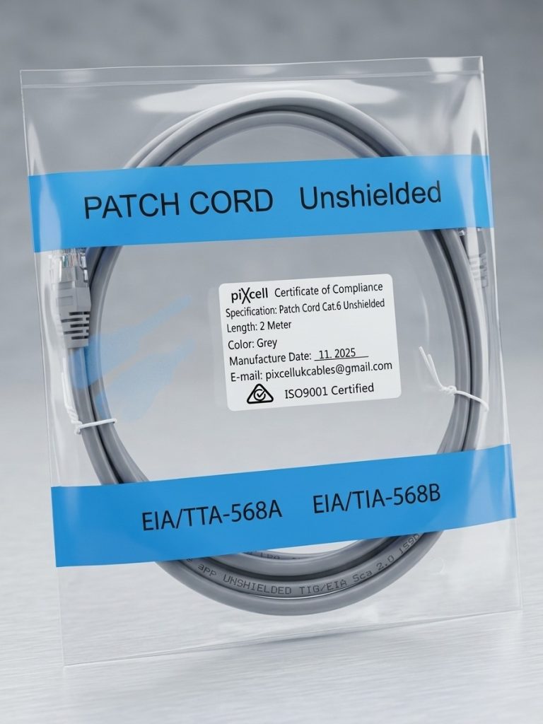 Grey patch cord coiled inside a clear plastic bag with blue labels reading 'PATCH CORD Unshielded' and model numbers at the bottom edge of the bag for packaging.